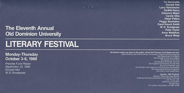 11th Annual Literary Festival at ODU: October 3-6, 1988